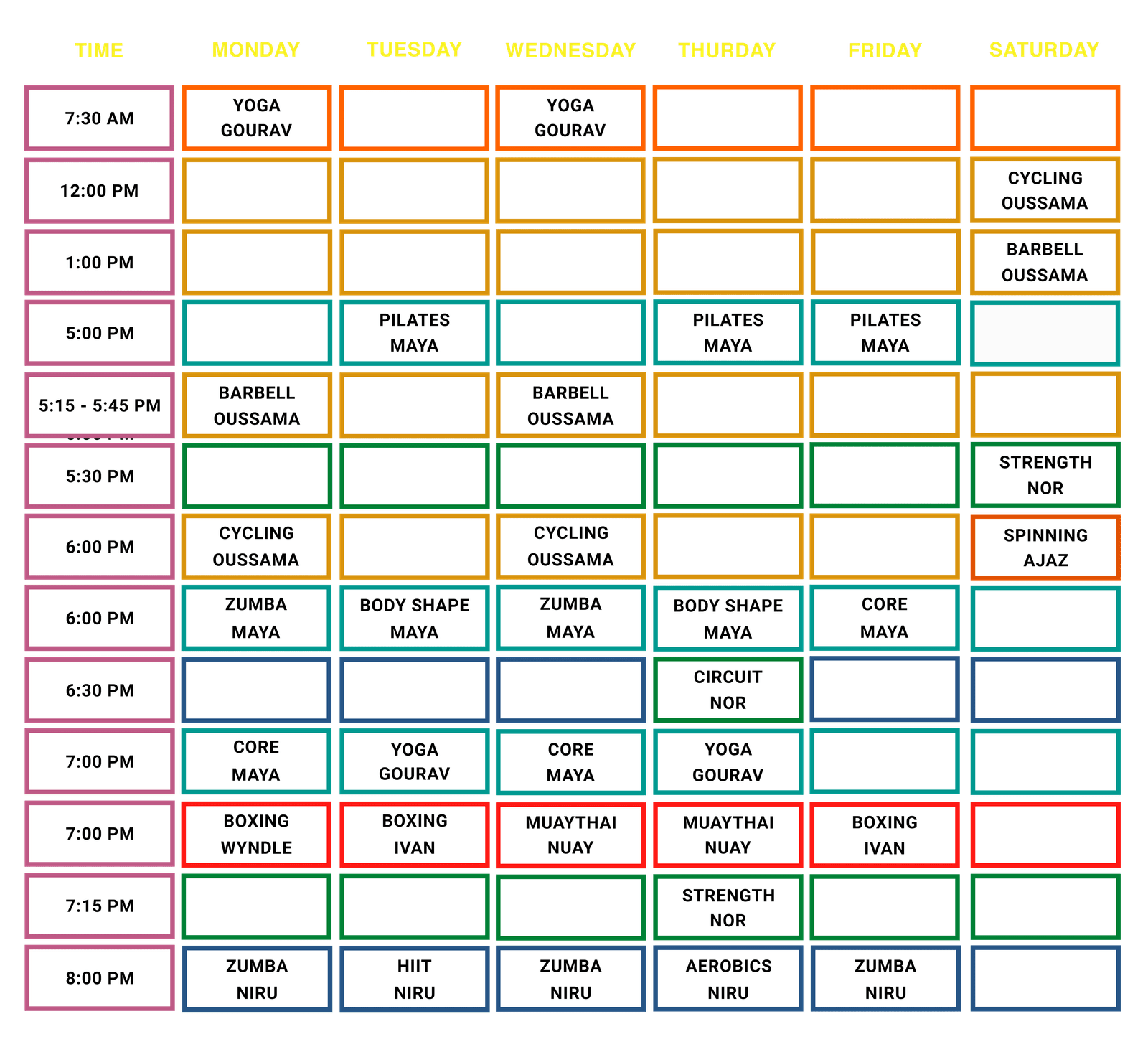 Group Classes weekly schedule