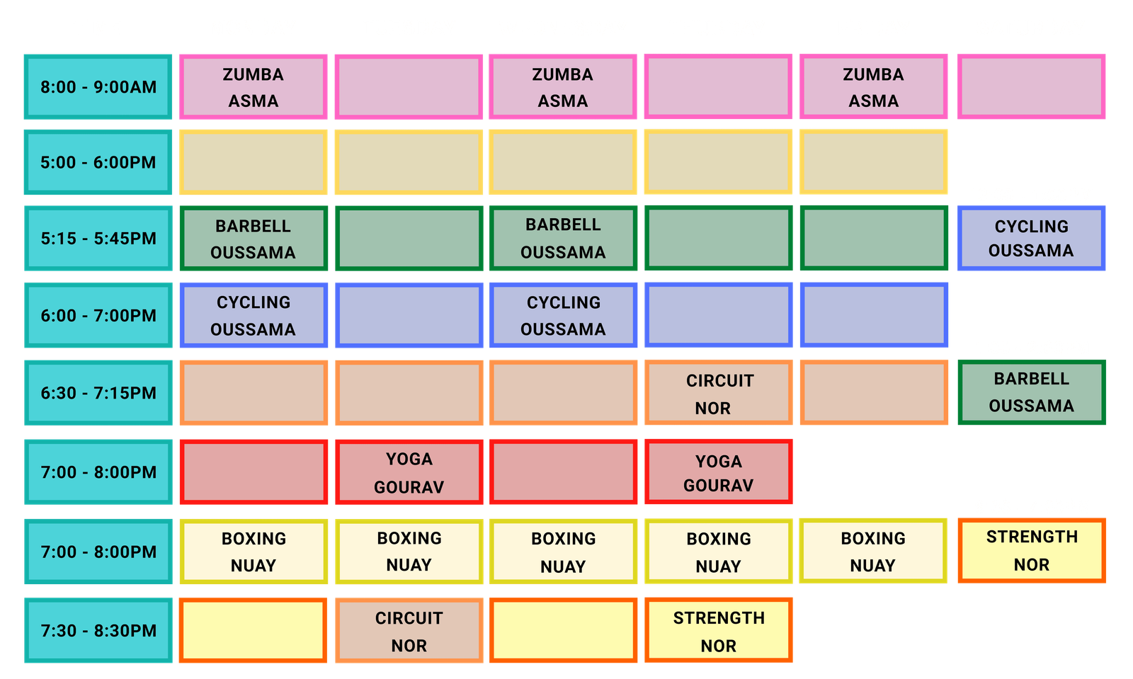 Group Classes weekly schedule