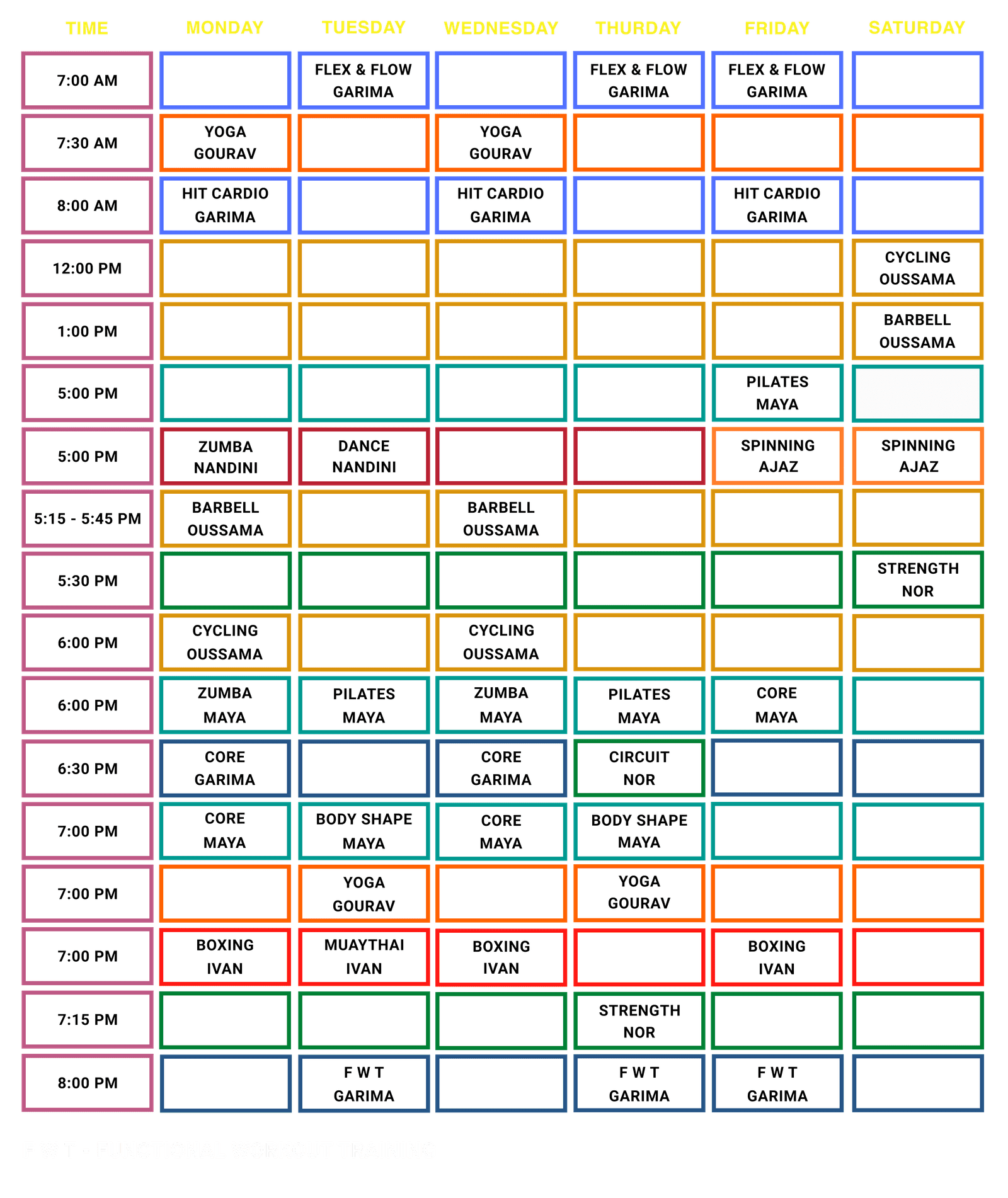 Group Classes weekly schedule